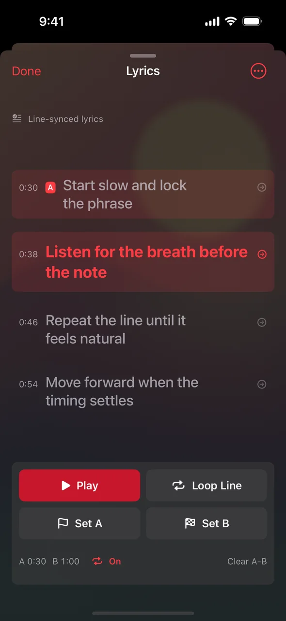 Lyrics practice: timed lines, Set A and Set B from the lyrics, loop one line.