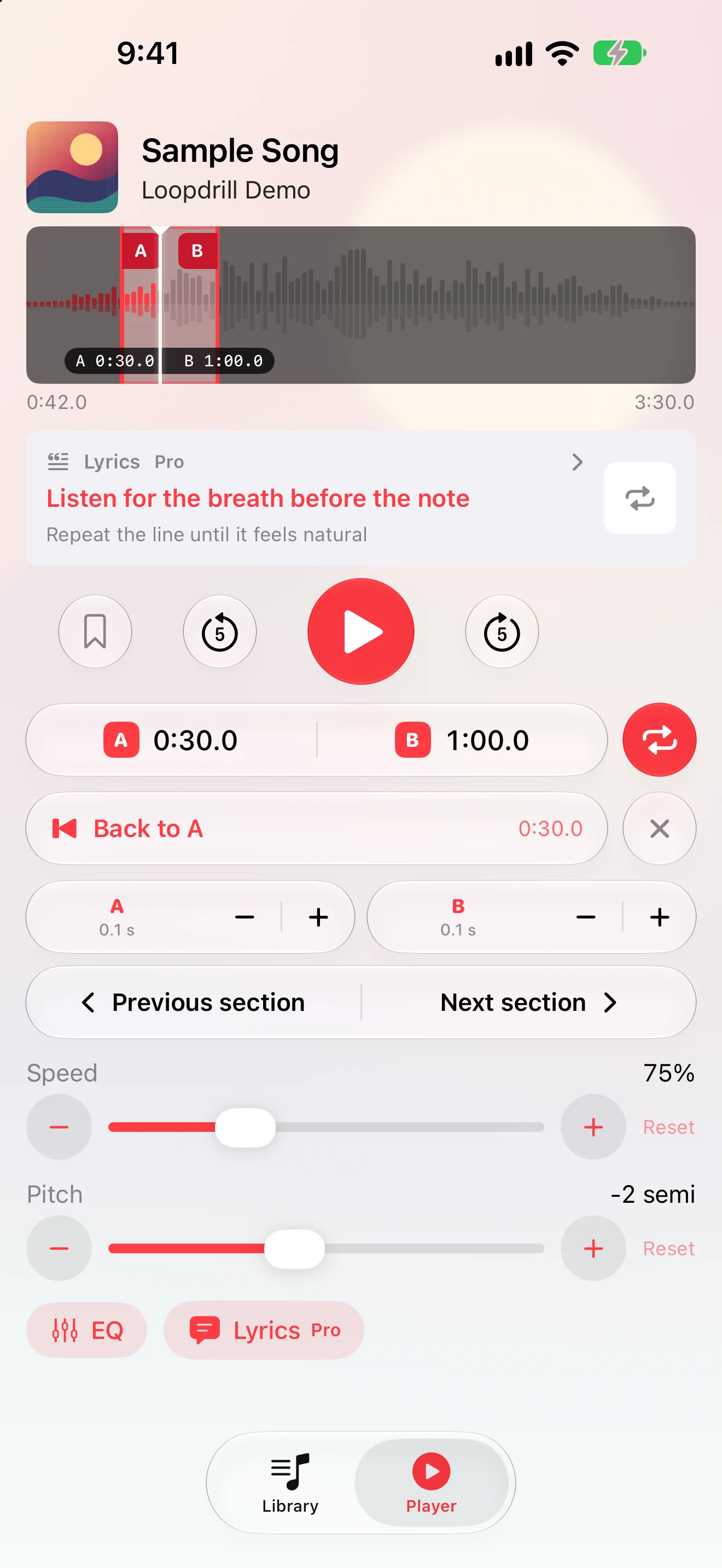 Player with an A–B loop, speed at 75% and pitch at −2 semitones.